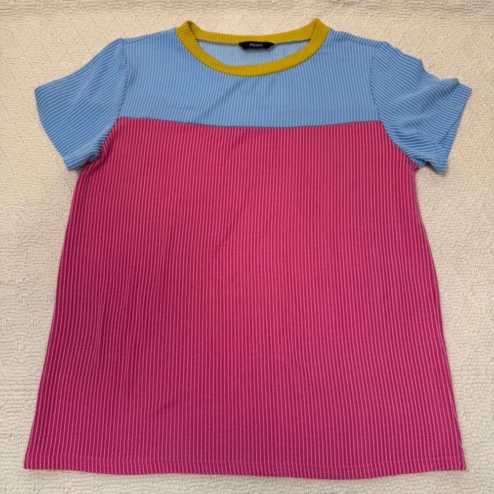 Dokotoo Women Pink Blue Yellow Colorblock Ribbed Knit Short Sleeve Top Large